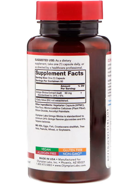 Olympian Labs, Ginkgo Biloba, 60 mg, 60 Vegetarian Capsules