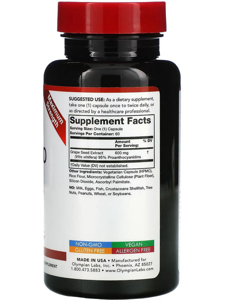 Olympian Labs, Grape Seed Extract, 600 mg, 60 Vegetarian Capsules