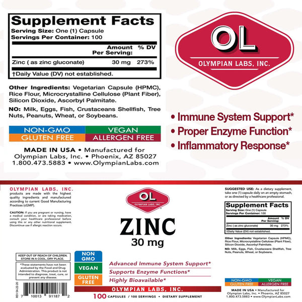 Olympian Labs, Zinc Capsule, 30 mg, 100 Capsules