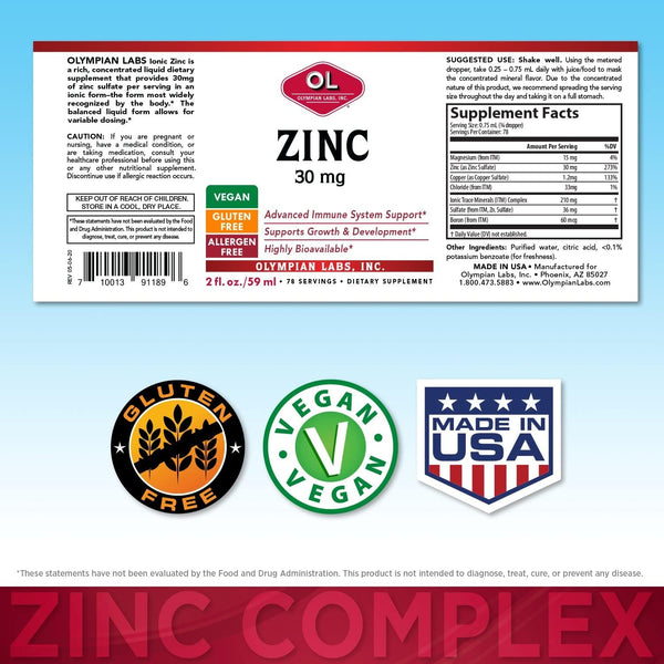 Olympian Labs, Liquid Zinc, 30 mg, 2 fl oz