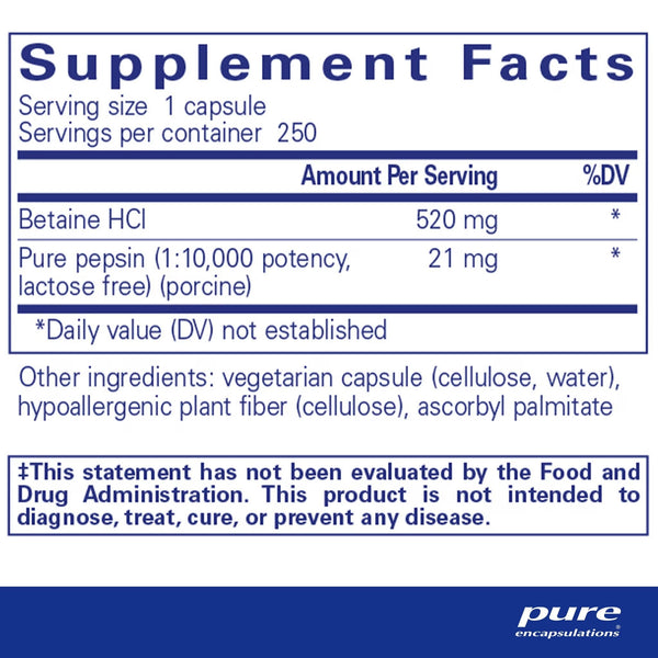 Pure Encapsulations, Betaine HCl Pepsin, 250 Capsules