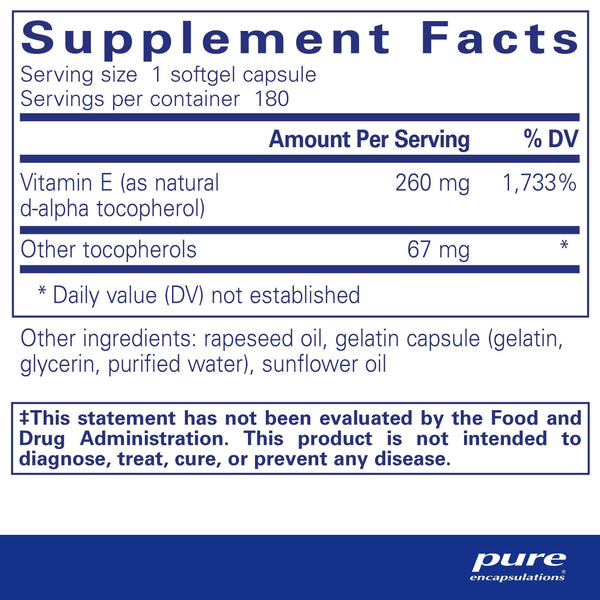 Pure Encapsulations, Vitamin E (With Mixed Tocopherols), 180 Softgel Capsules