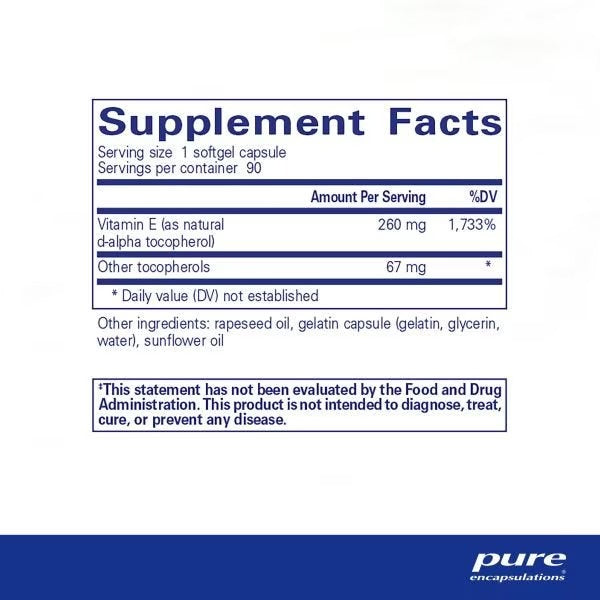 Pure Encapsulations, Vitamin E (With Mixed Tocopherols), 90 Softgel Capsules
