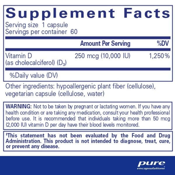 Pure Encapsulations, Vitamin D3, 250 mcg, 10,000 IU, 60 Capsules