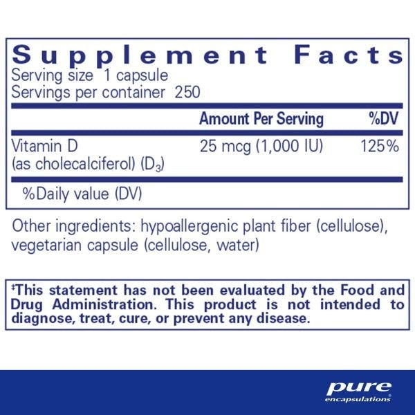 Pure Encapsulations, Vitamin D3, 25 mcg, 1,000 IU, 250 Capsules