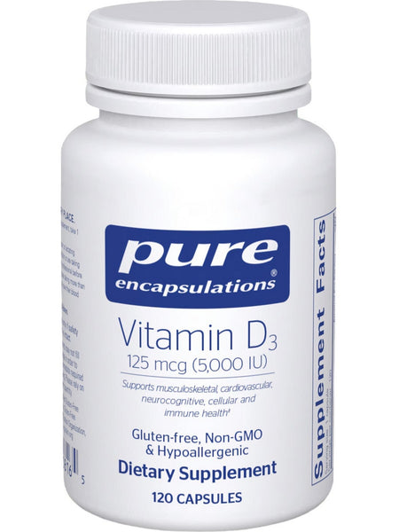 Pure Encapsulations, Vitamin D3, 125 mcg, 5000 IU, 120 Capsules