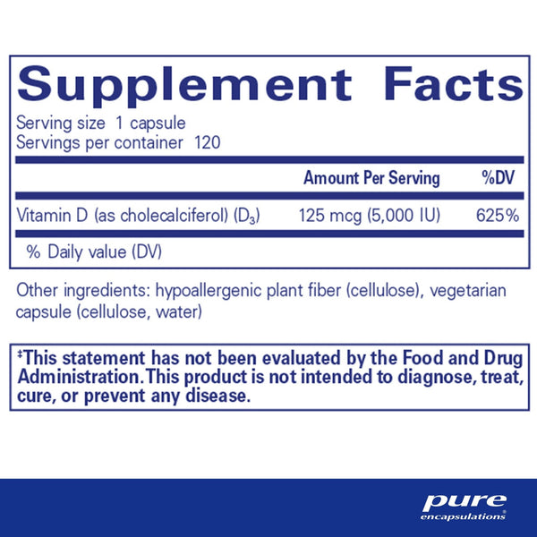 Pure Encapsulations, Vitamin D3, 125 mcg, 5000 IU, 120 Capsules