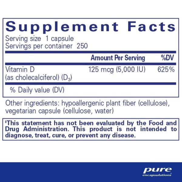 Pure Encapsulations, Vitamin D3, 125 mcg, 5,000 IU, 250 Capsules