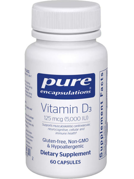 Pure Encapsulations, Vitamin D3, 125 mcg, 5000 IU, 60 Capsules