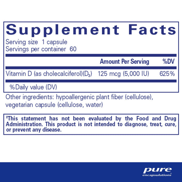 Pure Encapsulations, Vitamin D3, 125 mcg, 5000 IU, 60 Capsules