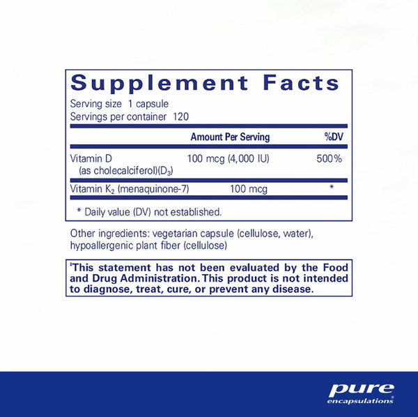 Pure Encapsulations, Vitamin D3 and K2, 100 mcg, 4,000 IU, 120 Capsules