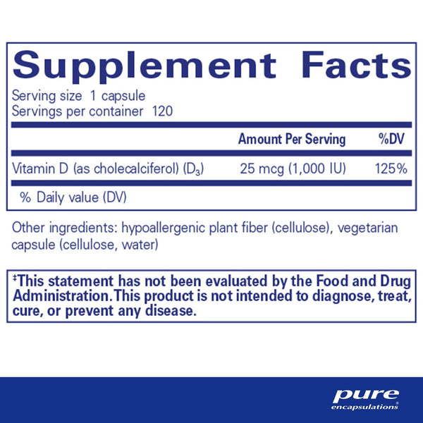 Pure Encapsulations, Vitamin D3, 25 mcg, 1000 IU, 120 Capsules
