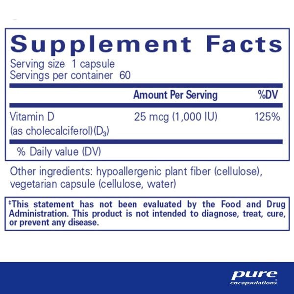 Pure Encapsulations, Vitamin D3, 25 mcg, 1,000 IU, 60 Capsules
