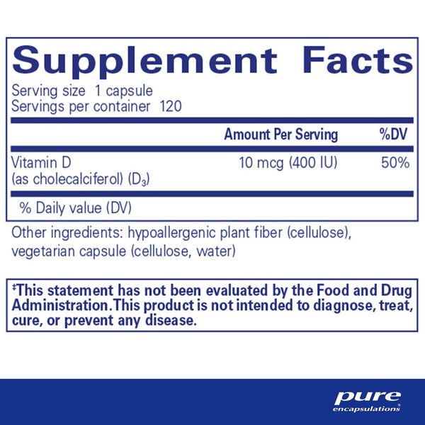 Pure Encapsulations, Vitamin D3, 10 mcg, 400 IU, 120 Capsules