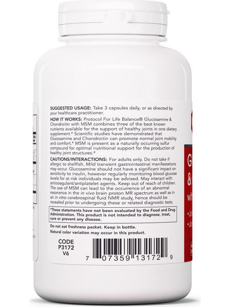 Protocol For Life Balance, Glucosamine & Chondroitin with MSM, 180 Veg Capsules