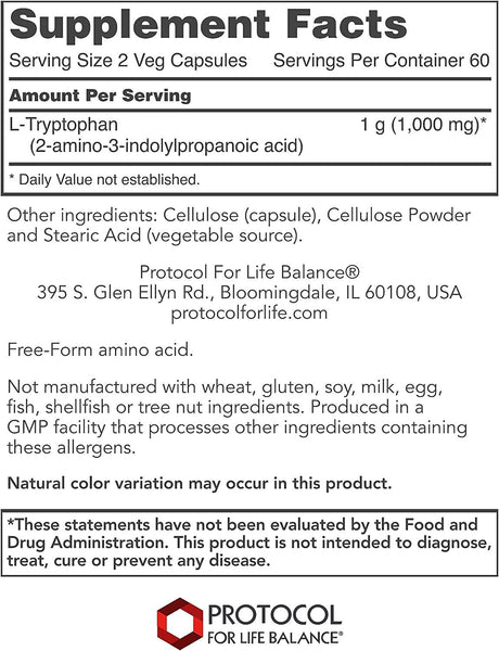 Protocol For Life Balance, L-Tryptophan, 500 mg, 120 Veg Capsules