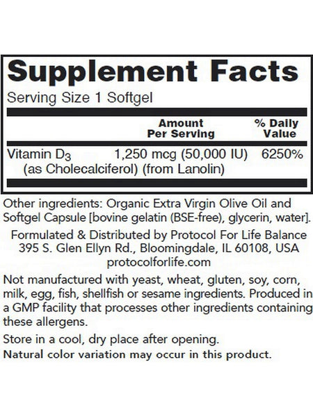 Protocol For Life Balance, Vitamin D3, Clinical Potency, 50,000 IU, 12 Softgels