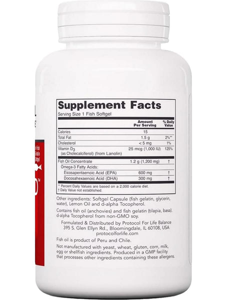 Protocol For Life Balance, Molecularly Distilled, Ultra Omega 3-D, 600 EPA/300 DHA, 90 Fish Softgels