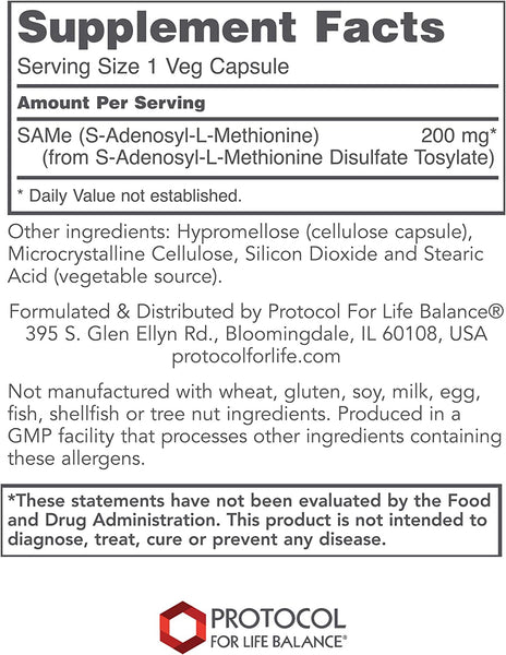 Protocol For Life Balance, SAMe, (S-adenosylmethionine), 200 mg, 60 Veg Capsules