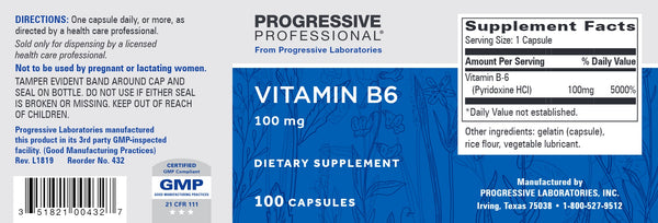 Progressive Labs, Vitamin B6, 100 mg, 100 Capsules