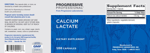 Progressive Labs, Calcium Lactate, 100 Capsules