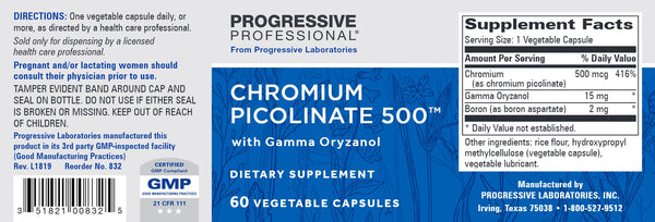 Progressive Labs, Chromium Picolinate 500 with Gamma Oryzanol, 60 Vegetable Capsules