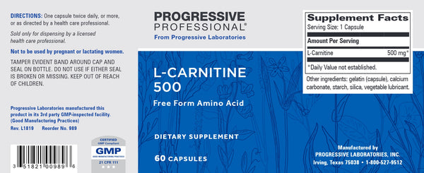 Progressive Labs, L-Carnitine 500, 60 Capsules