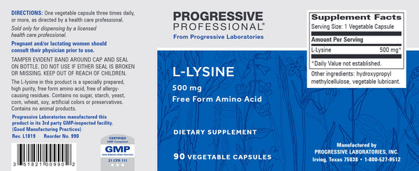 Progressive Labs, L-Lysine, 500 mg, 90 Vegetable Capsules