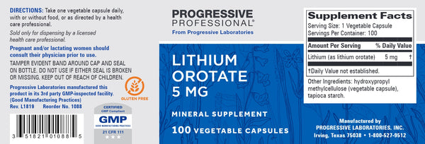 Progressive Labs, Lithium Orotate, 5mg, 100 Vegetable Capsules