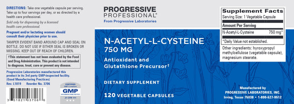 Progressive Labs, N-Acetyl-L-Cysteine, 750 mg, 120 Vegetable Capsules