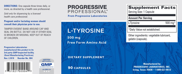 Progressive Labs, L-Tyrosine, 500 mg, 90 Capsules