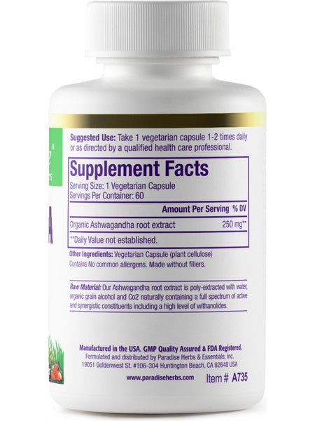 Paradise Herbs, Ashwagandha, Organic, 60 vegetarian capsules
