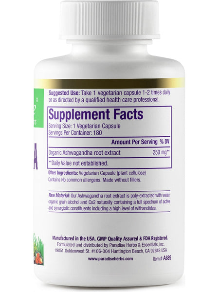 Paradise Herbs, Ashwagandha, Organic, 180 vegetarian capsules