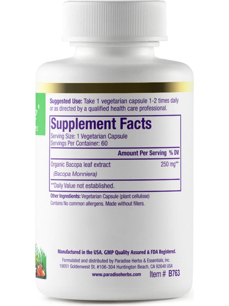 Paradise Herbs, Bacopa, Organic, 60 vegetarian capsules