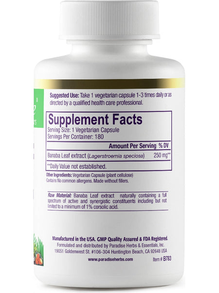 Paradise Herbs, Banaba leaf, 180 vegetarian capsules