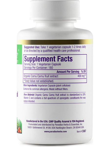 Paradise Herbs, Camu Camu, Organic, 180 vegetarian capsules