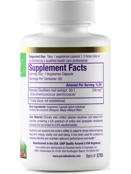 Paradise Herbs, Eleuthero, 60 vegetarian capsules