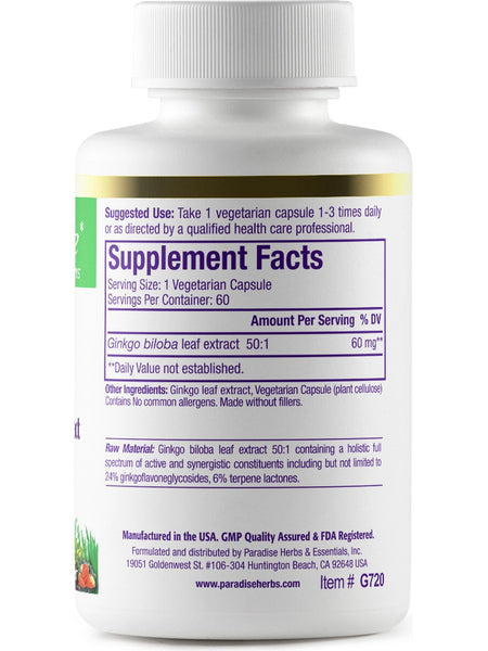 Paradise Herbs, Ginkgo Biloba, 60 vegetarian capsules