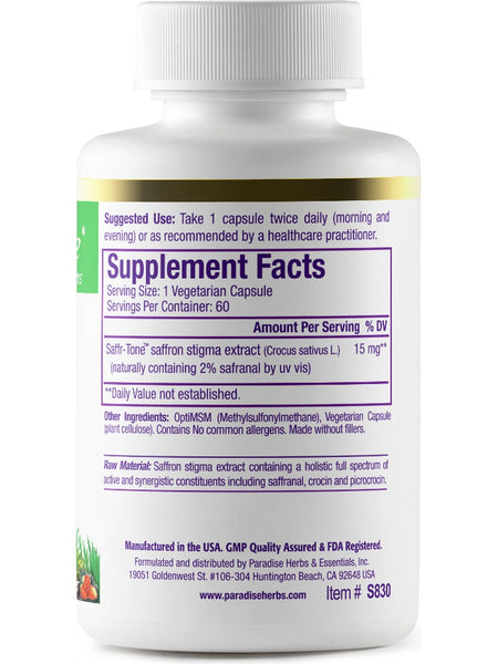Paradise Herbs, Saffr-Tone, 60 vegetarian capsules