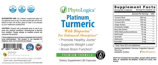 PhytoLogica, Platinum Turmeric with Bioperine for Enhanced Absorption, 60 Capsules