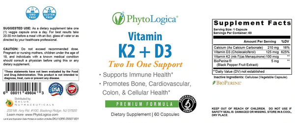 PhytoLogica, Vitamin K2 + D3, Two-in-One Support, 60 Capsules