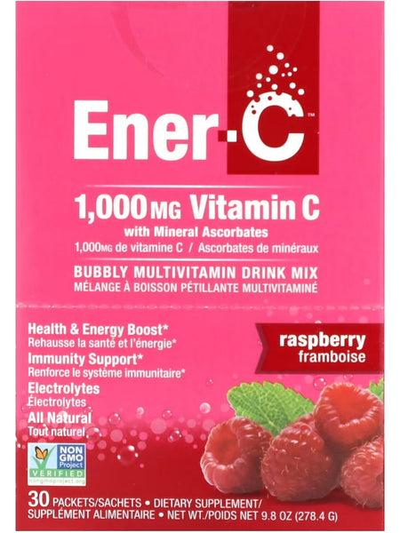 Ener-Life, Ener-C, Vitamin C with Mineral Ascorbates, Bubbly Multivitamin Drink Mix, 1,000 mg, Raspberry, 30 Packets/Sachets