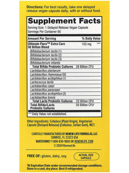 Renew Life, Extra Care Ultimate Flora Probiotic, 50 Billion CFU, 60 Delayed Release Vegan Capsules