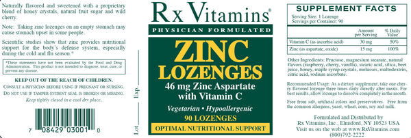 Rx Vitamins, Zinc Lozenges, 46 mg Zinc Aspartate with Vitamin C, 90 Lozenges