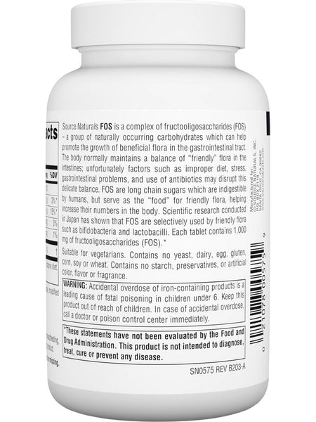 Source Naturals, FOS Fructooligosaccharides, 1000mg, 100 Tablets