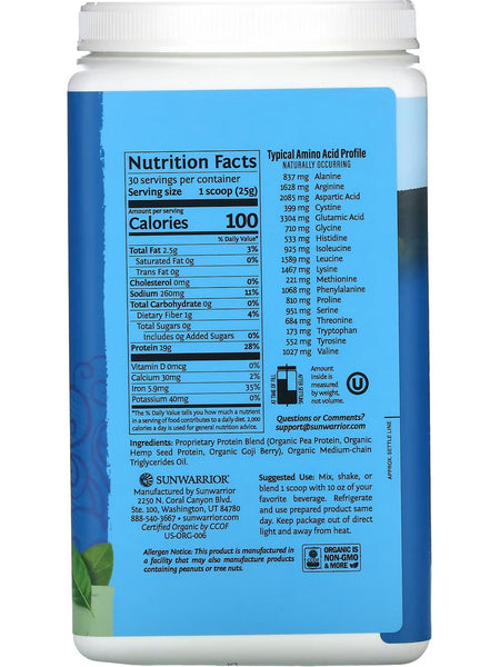 Sunwarrior, Protein Warrior Blend, Unflavored, 1.5 lb (750 g)