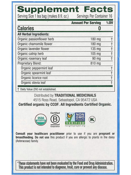 Traditional Medicinals, Organic Cup of Calm, Chamomile Mint, Caffeine Free, 16 Wrapped Tea Bags