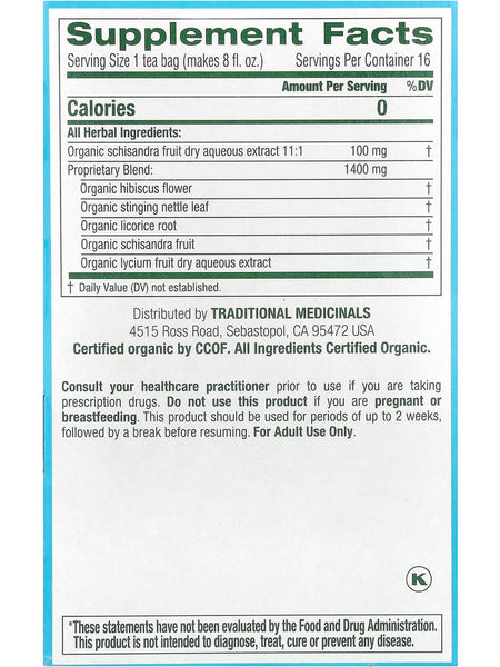 Traditional Medicinals, Organic EveryDay Detox, Hibiscus and Schisandra Berry, Caffeine Free, 16 Wrapped Tea Bags