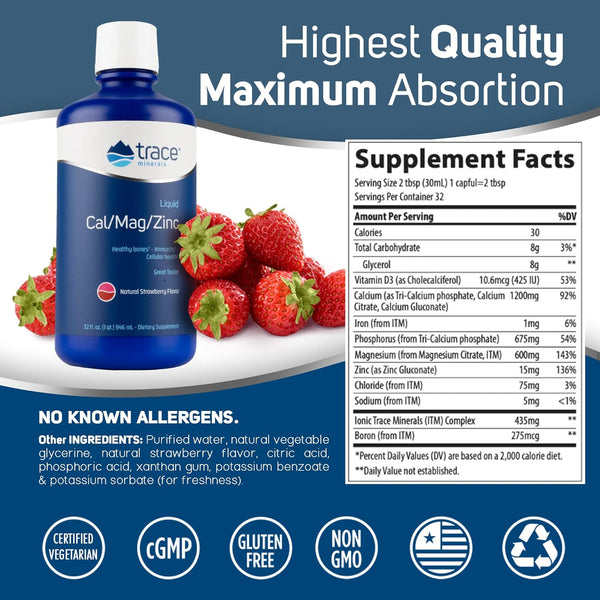 Trace Minerals, Liquid Cal/Mag/Zinc, Strawberry, 30 fl oz