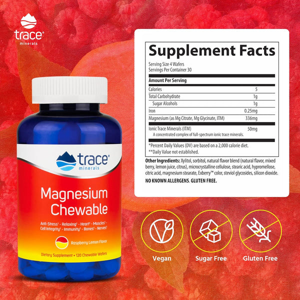 Trace Minerals, Magnesium Chewable, Raspberry Lemon, 120 Chewable Wafe ...